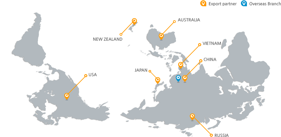 Export partner - usa, new zealand, australia, vietnam, japan, china, russia | Overseas Branch - china