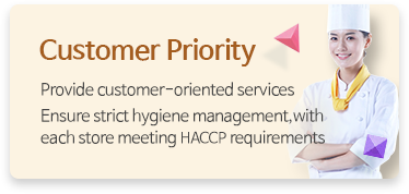Customer Priority - Provide customer-oriented services Ensure strict hygiene management,with each store meeting HACCP requirements